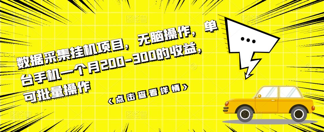 数据采集挂机项目，无脑操作，单台手机一个月200-300的收益，可批量操作-亦可网创