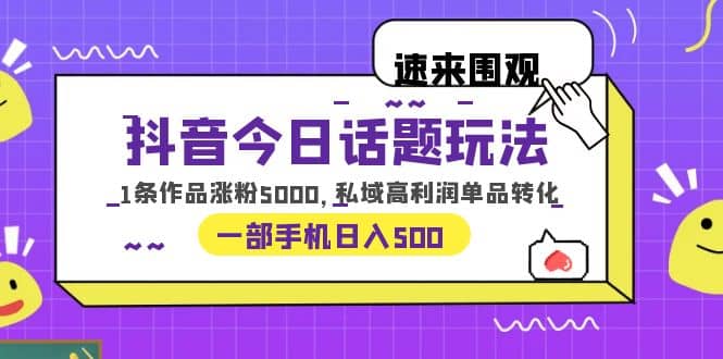 抖音今日话题玩法，1条作品涨粉5000，私域高利润单品转化 一部手机日入500-亦可网创