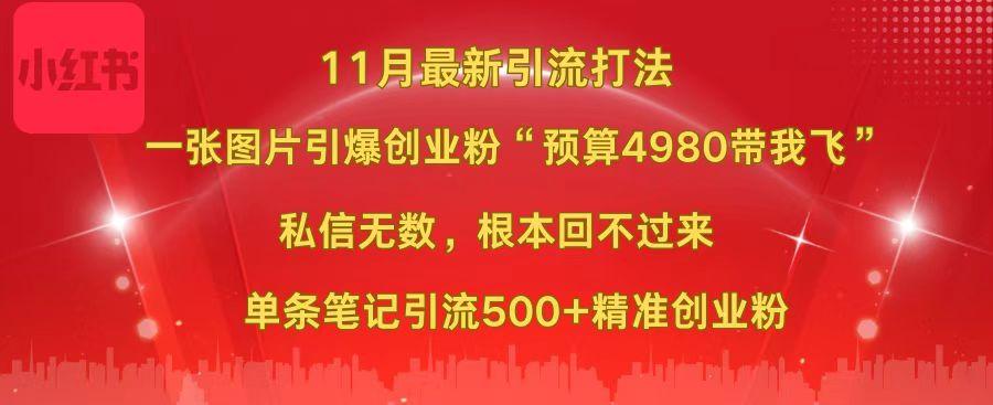 小红书11月最新图片打法，一张图片引爆创业粉“预算4980带我飞”，私信无数，根本回不过来，单条笔记引流500+精准创业粉-亦可网创