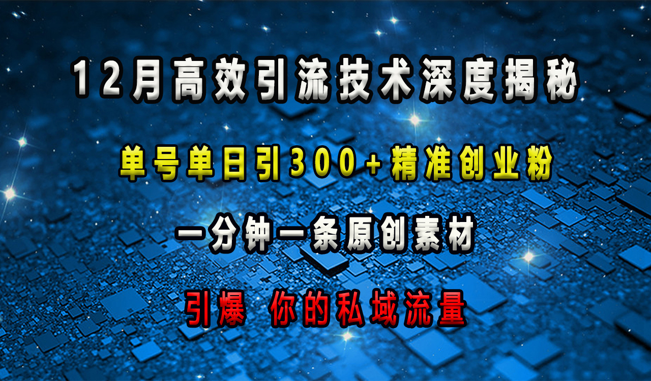 12月高效引流技术深度揭秘 ，单号单日引300+精准创业粉，一分钟一条原创素材，引爆你的私域流量-亦可网创