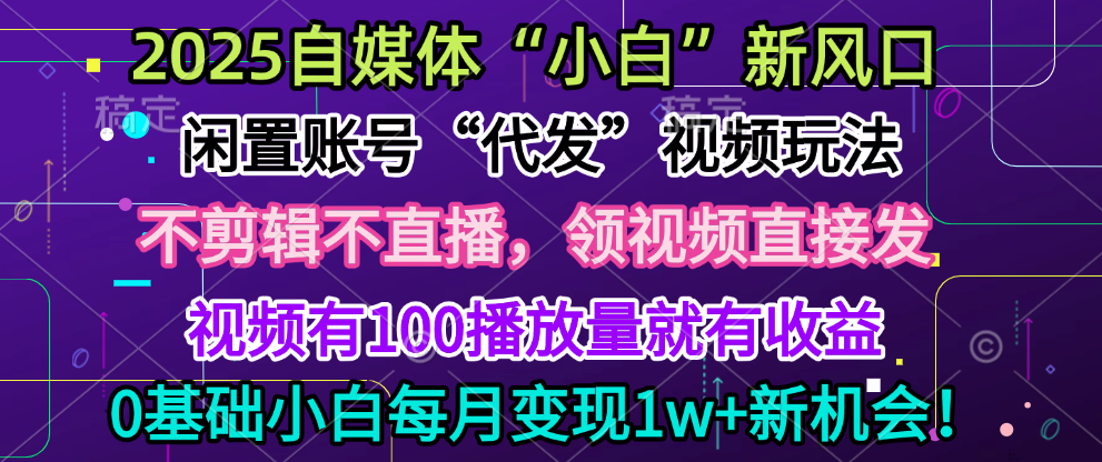 2025每月躺赚5w+新机会，闲置视频账号一键代发玩法，0粉不实名不剪辑，领了视频直接发，0基础小白也能日入300+-亦可网创