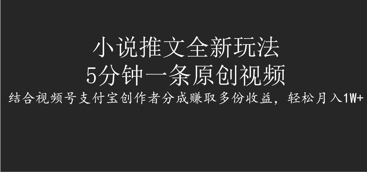 小说推文全新玩法，5分钟一条原创视频，结合视频号支付宝创作者分成赚取多份收益，轻松月入1W+-亦可网创