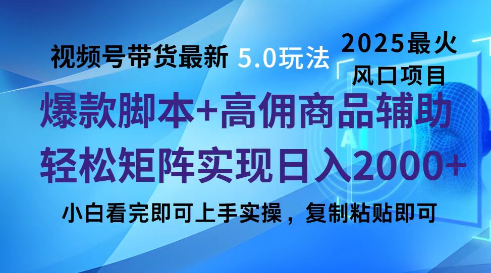 视频号带货最新5.0玩法，作品制作简单，当天起号，复制粘贴，脚本辅助，轻松矩阵日入2000+-亦可网创
