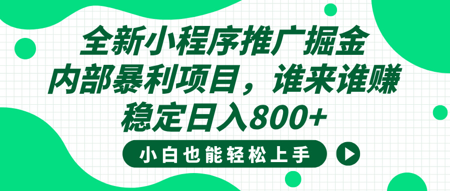 全新小程序推广掘金，内部暴利项目，小白轻松上手，稳定日入800+-亦可网创