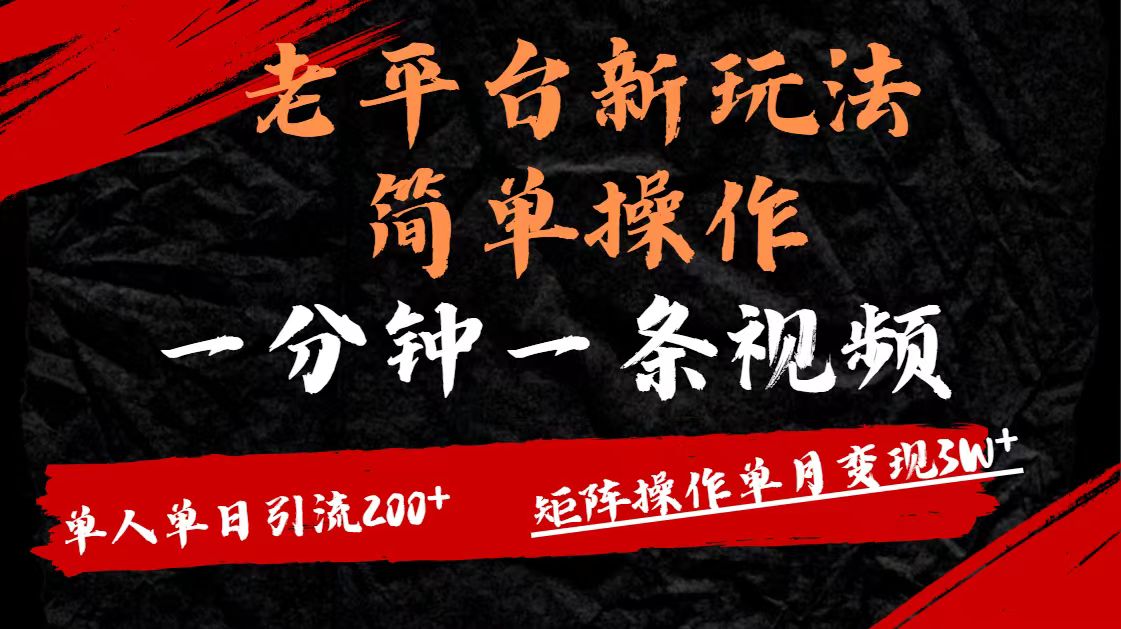 老平台，新玩法，简单操作，一分钟一条视频，单人单人引流200+矩阵操作，单月变现3W-亦可网创