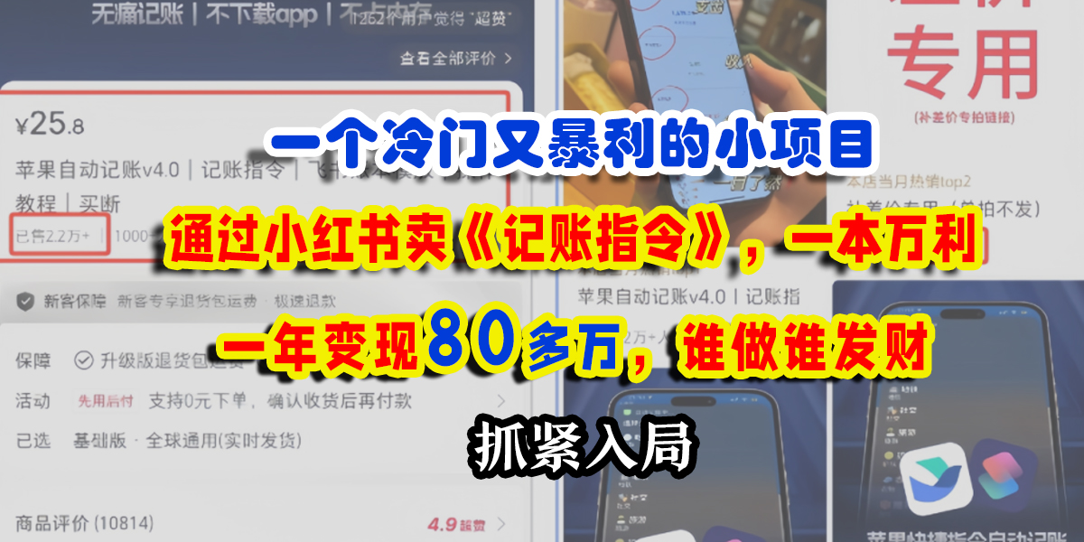 一个冷门又暴利的小项目，通过小红书卖《记账指令》，一本万利，一年变现80多万，谁做谁发财-亦可网创