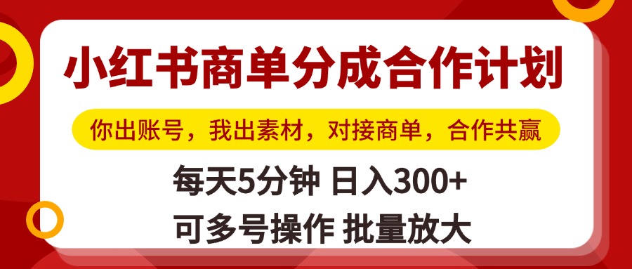 小红书商单分成合作计划，你出账号，我出素材，对接商单，合作共赢，单号日入300+，可批量放大-亦可网创
