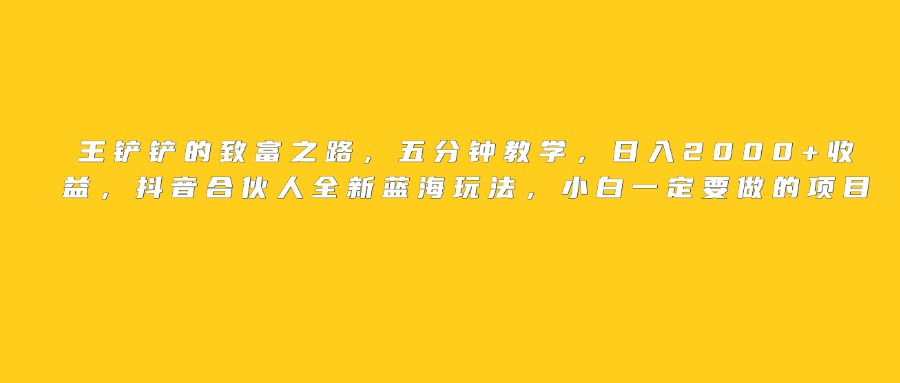 王铲铲的致富之路，日入2000+收益，五分钟教学，抖音合伙人全新蓝海玩法，小白一定要做的项目-亦可网创
