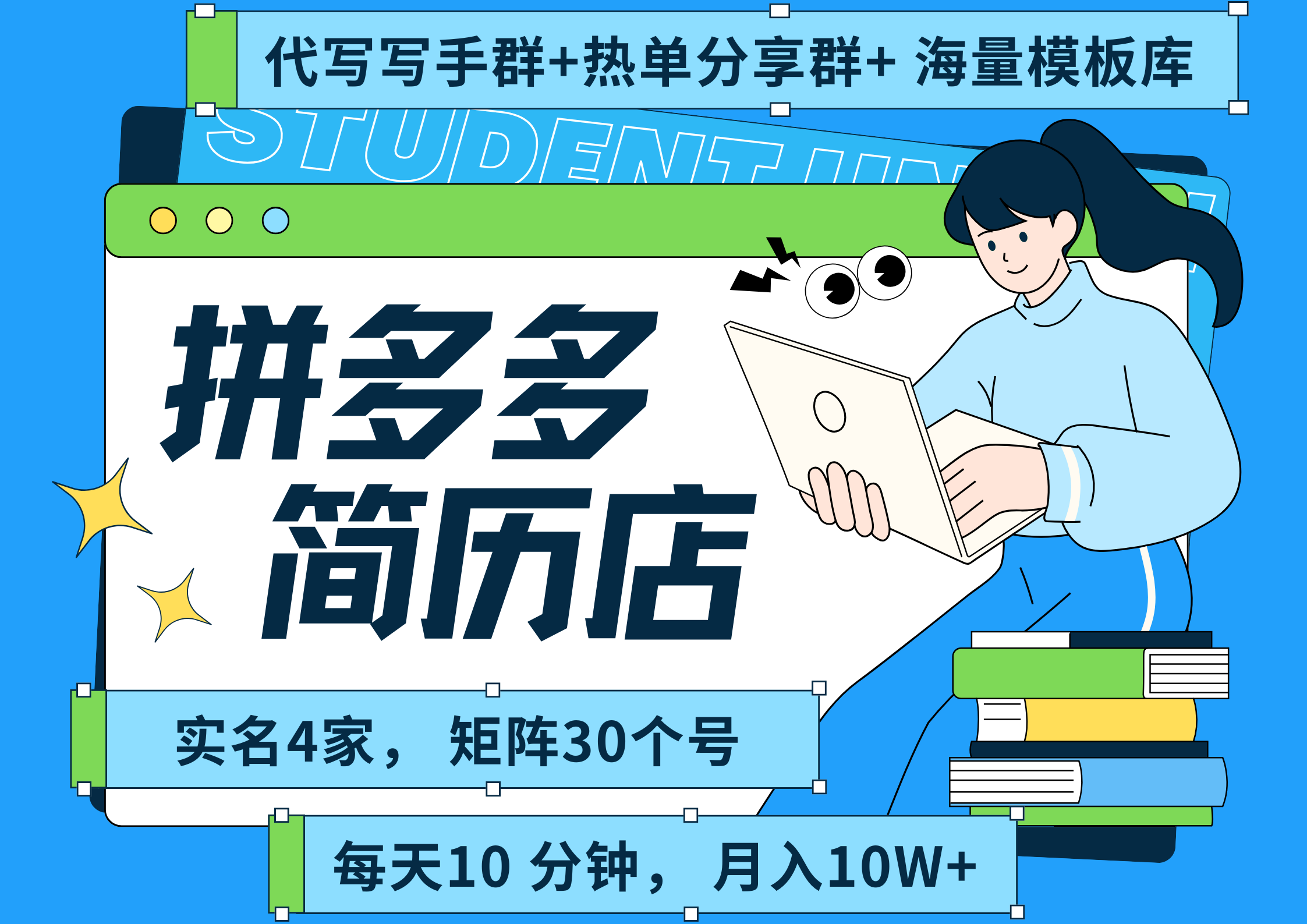 拼多多 虚拟资料 简历 海报代写 全SOP流程 毫无保留分享（含后端资料以及代写渠道）每天十分钟 每人实名四个店  矩阵30个账号  轻轻松松 月入10W-亦可网创