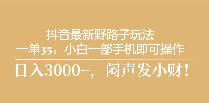 抖音最新野路子玩法，一单35，小白一部手机即可操作，，日入3000+，闷…-亦可网创