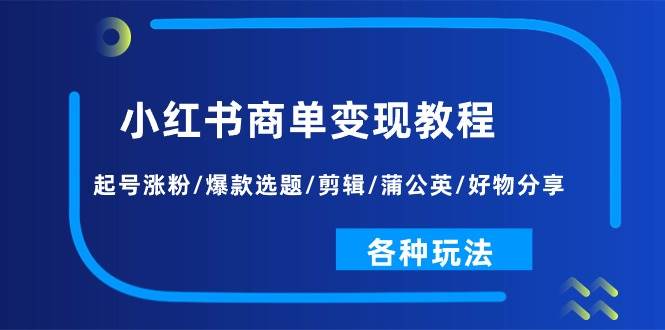 小红书商单变现教程：起号涨粉/爆款选题/剪辑/蒲公英/好物分享/各种玩法-亦可网创