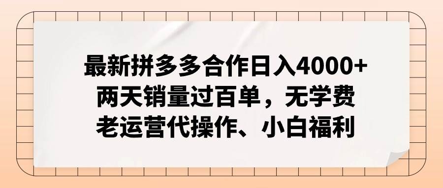 最新拼多多合作日入4000+两天销量过百单，无学费、老运营代操作、小白福利-亦可网创
