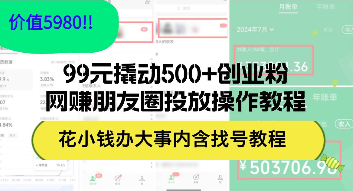 99元撬动500+创业粉，网赚朋友圈投放操作教程价值5980！花小钱办大事内…-亦可网创